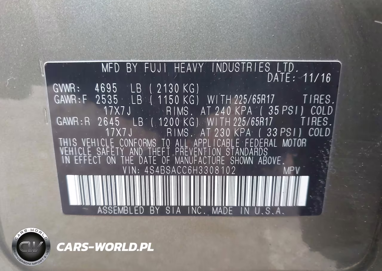 2017 Subaru Outback 2.5I Premium VIN:4S4BSACC6H3308102 - 9