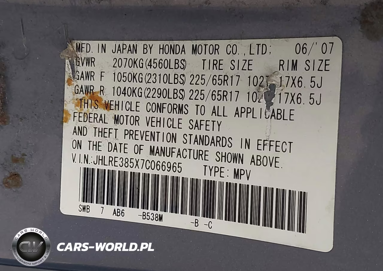 2007 Honda Cr-V Ex VIN:JHLRE385X7C066965 - 9