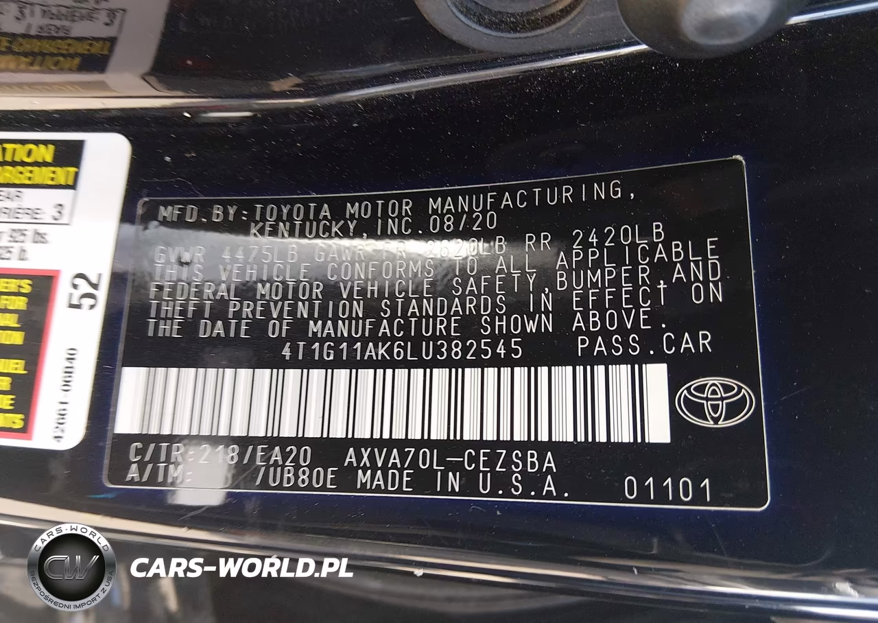 2020 Toyota Camry Se VIN:4T1G11AK6LU382545 - 9