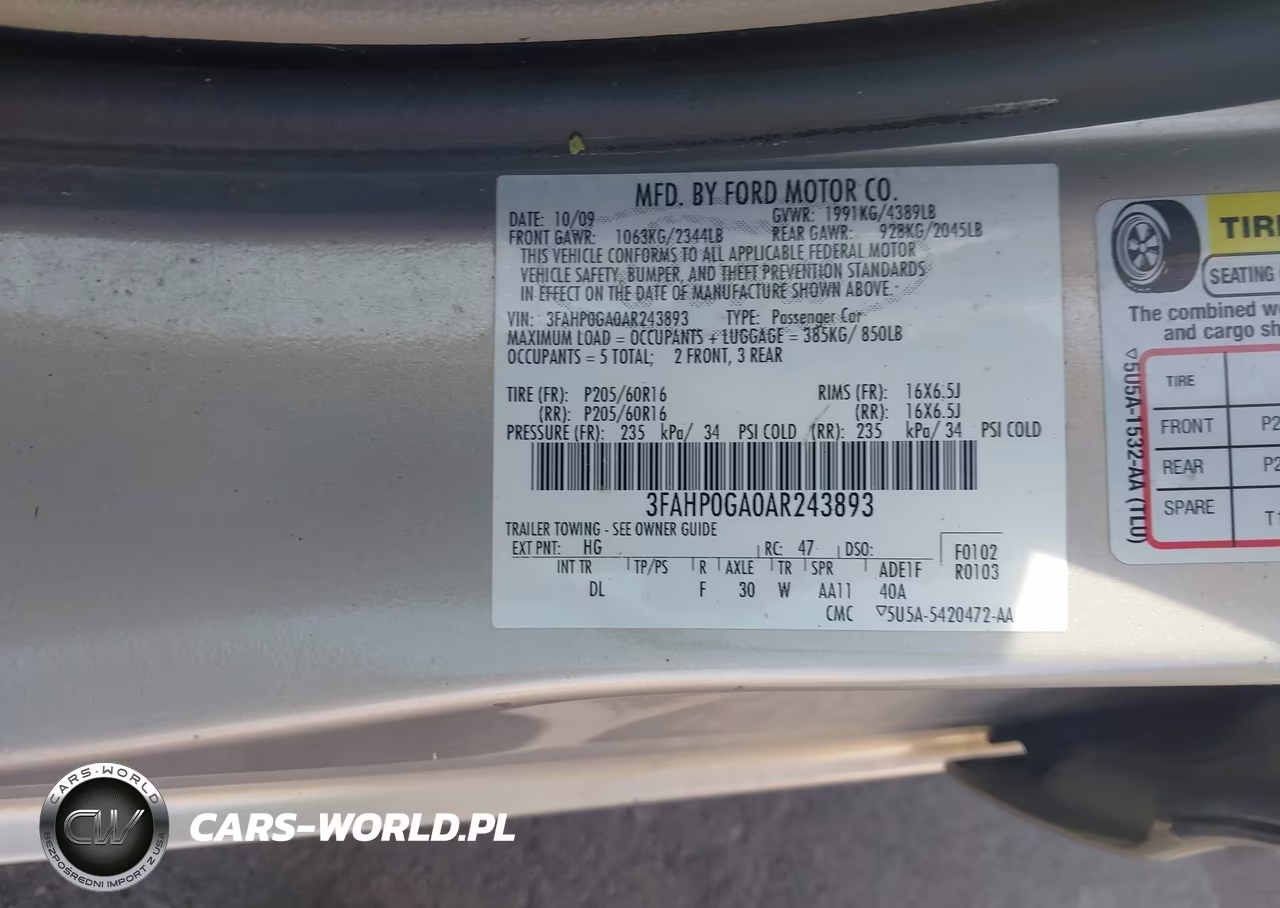 2010 Ford Fusion S VIN:3FAHP0GA0AR243893 - 9
