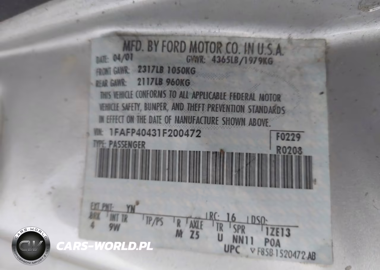 2001 Ford Mustang VIN:1FAFP40431F200472 - 9