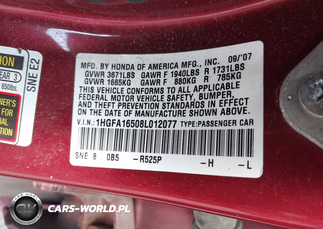 2008 Honda Civic Lx VIN:1HGFA16508L012077 - 9