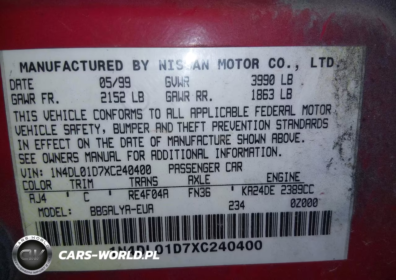 1999 Nissan Altima Gle-Gxe-Se-Se-L-Xe VIN:1N4DL01D7XC240400 - 9