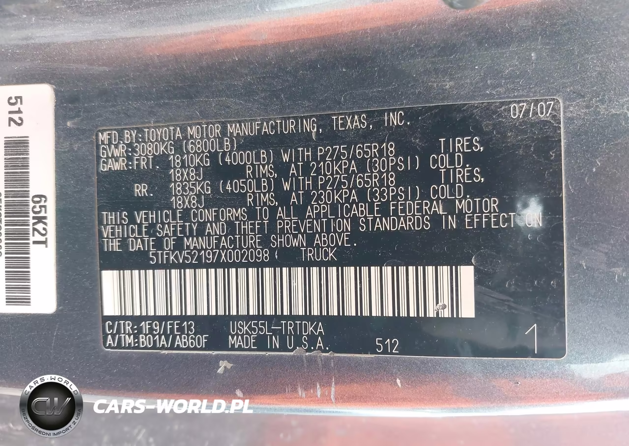 2007 Toyota Tundra Base 5.7L V8 VIN:5TFKV52197X002098 - 9
