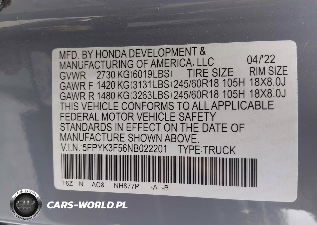 2022 Honda Ridgeline Rtl VIN:5FPYK3F56NB022201 - 9