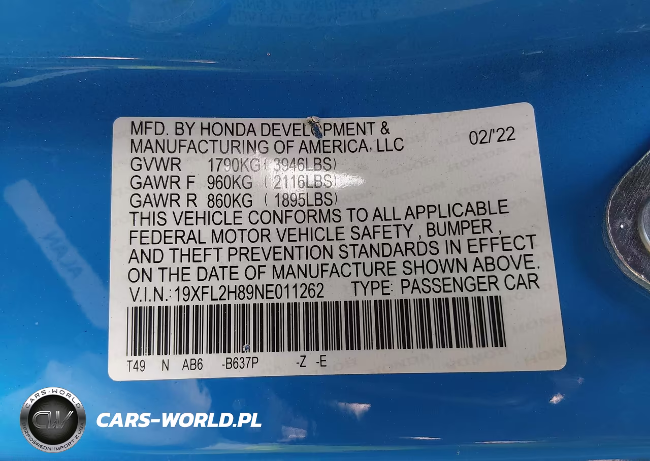 2022 Honda Civic Sport VIN:19XFL2H89NE011262 - 9