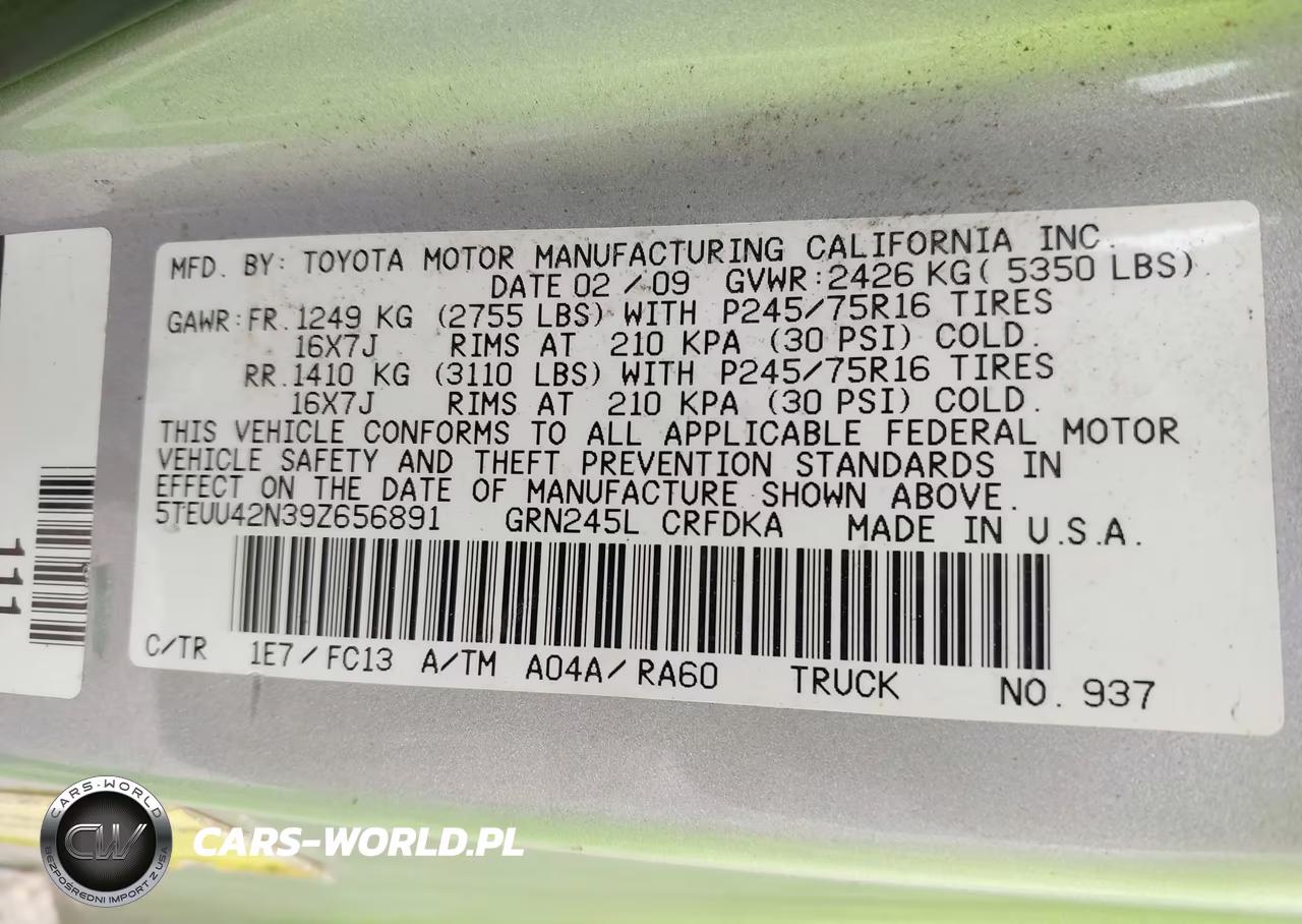 2009 Toyota Tacoma Base V6 VIN:5TEUU42N39Z656891 - 9