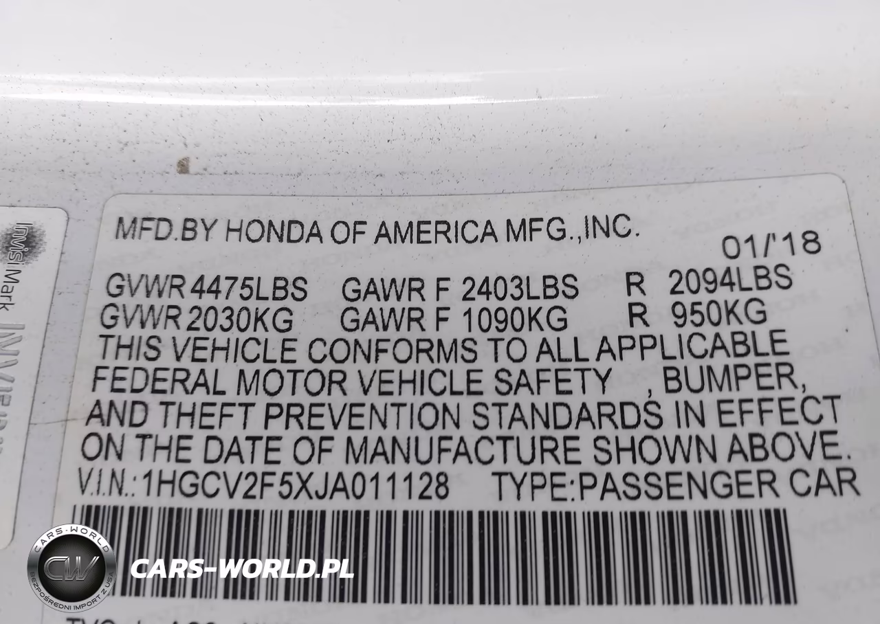 2018 Honda Accord Ex-L 2.0T VIN:1HGCV2F5XJA011128 - 9