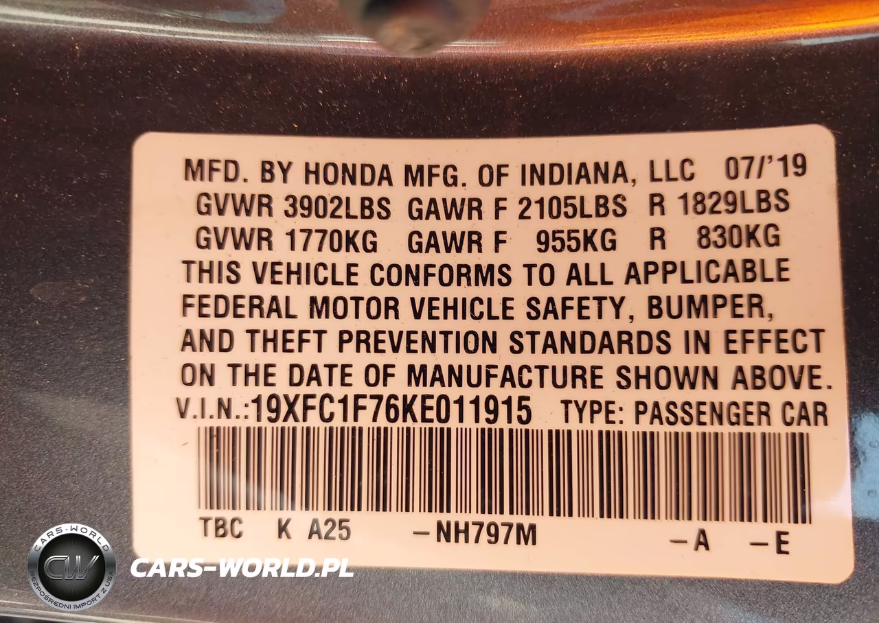 2019 Honda Civic Ex-L VIN:19XFC1F76KE011915 - 9