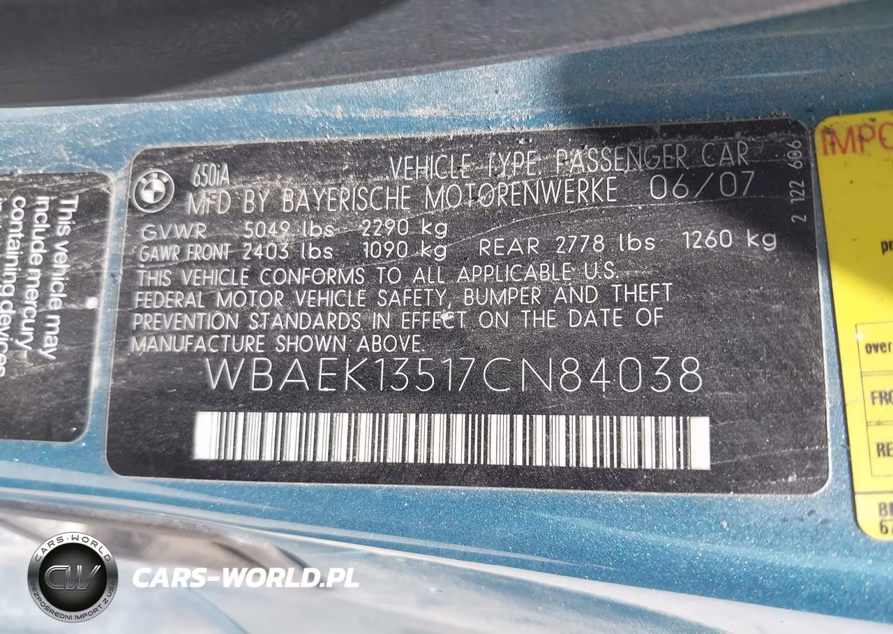 2007 BMW 650I VIN:WBAEK13517CN84038 - 9