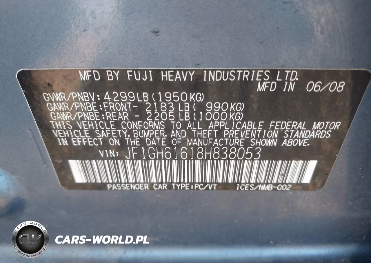 2008 Subaru Impreza 2.5I VIN:JF1GH61618H838053 - 9
