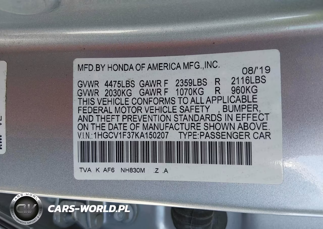 2019 Honda Accord Sport VIN:1HGCV1F37KA150207 - 9