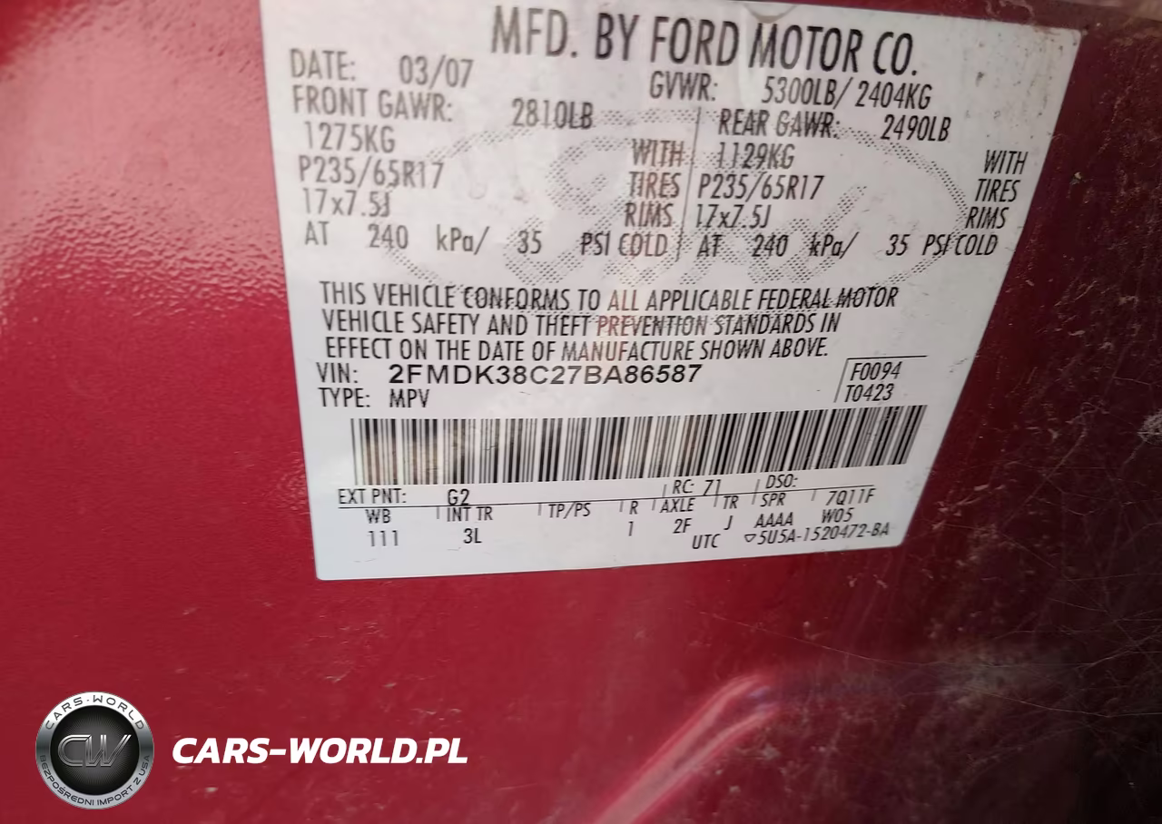 2007 Ford Edge Sel VIN:2FMDK38C27BA86587 - 9