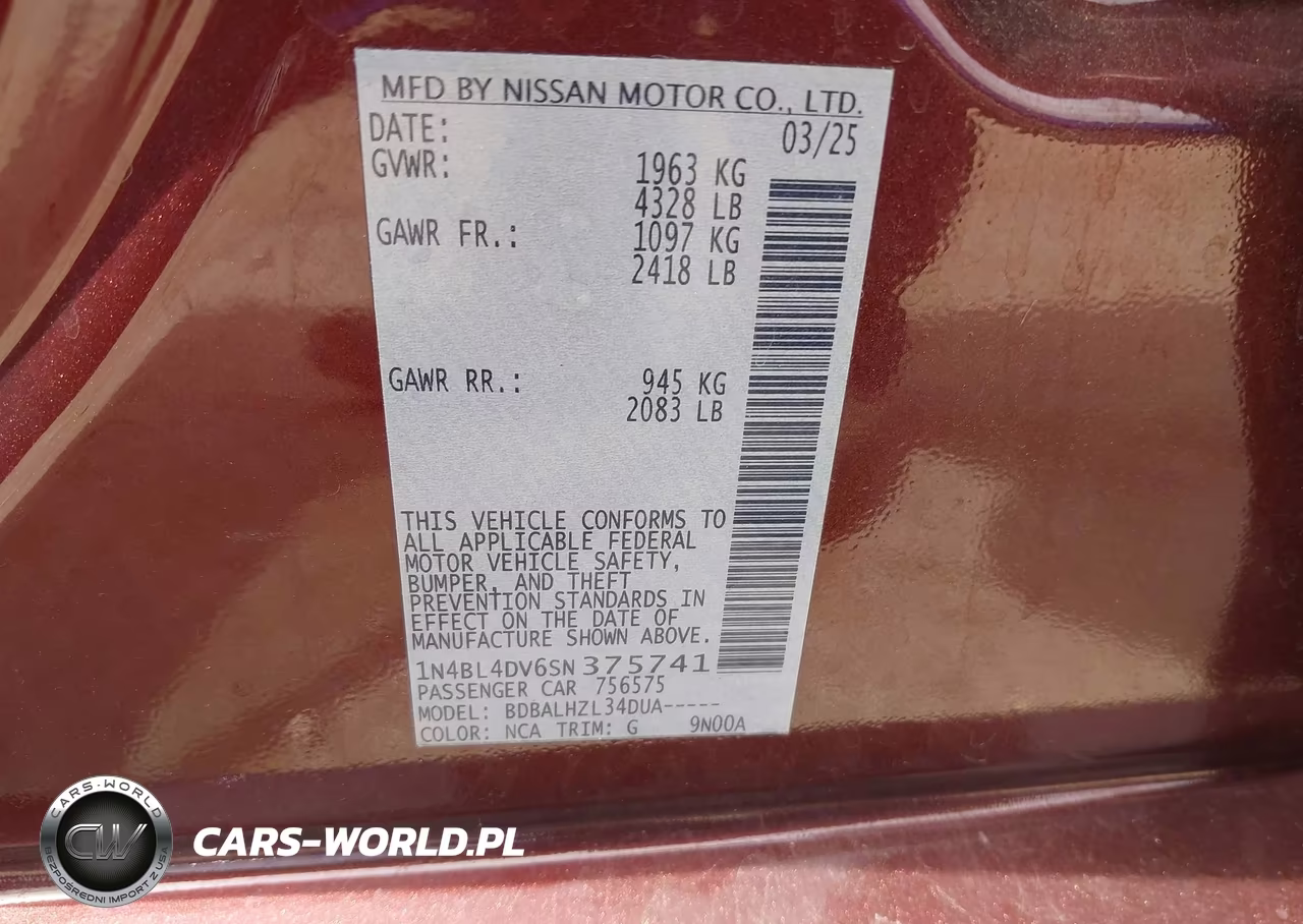 2025 Nissan Altima Sv Fwd VIN:1N4BL4DV6SN375741 - 9