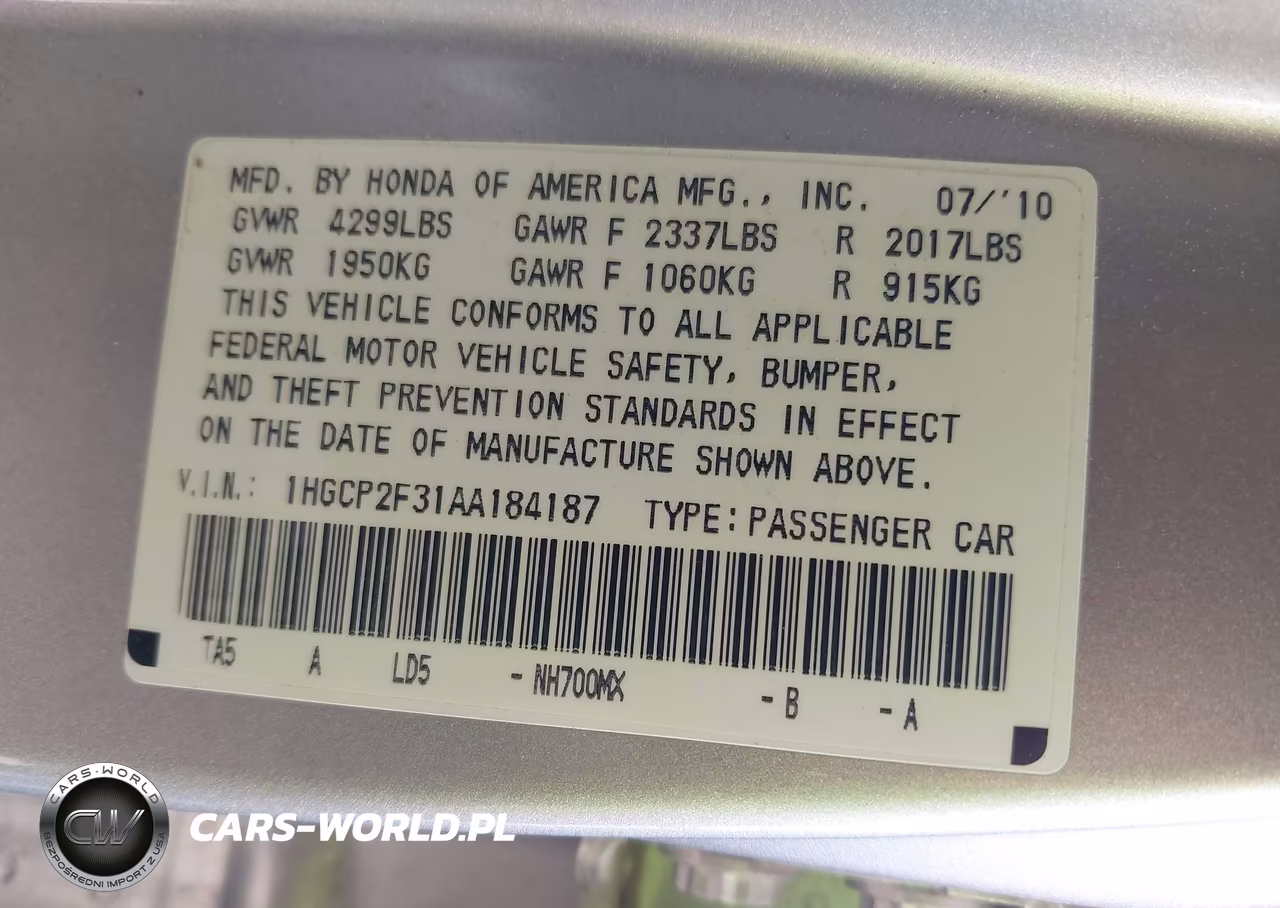 2010 Honda Accord 2.4 Lx VIN:1HGCP2F31AA184187 - 9
