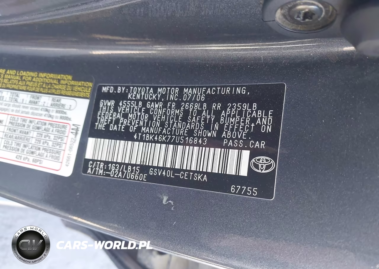 2007 Toyota Camry Se V6 VIN:4T1BK46K77U516843 - 9