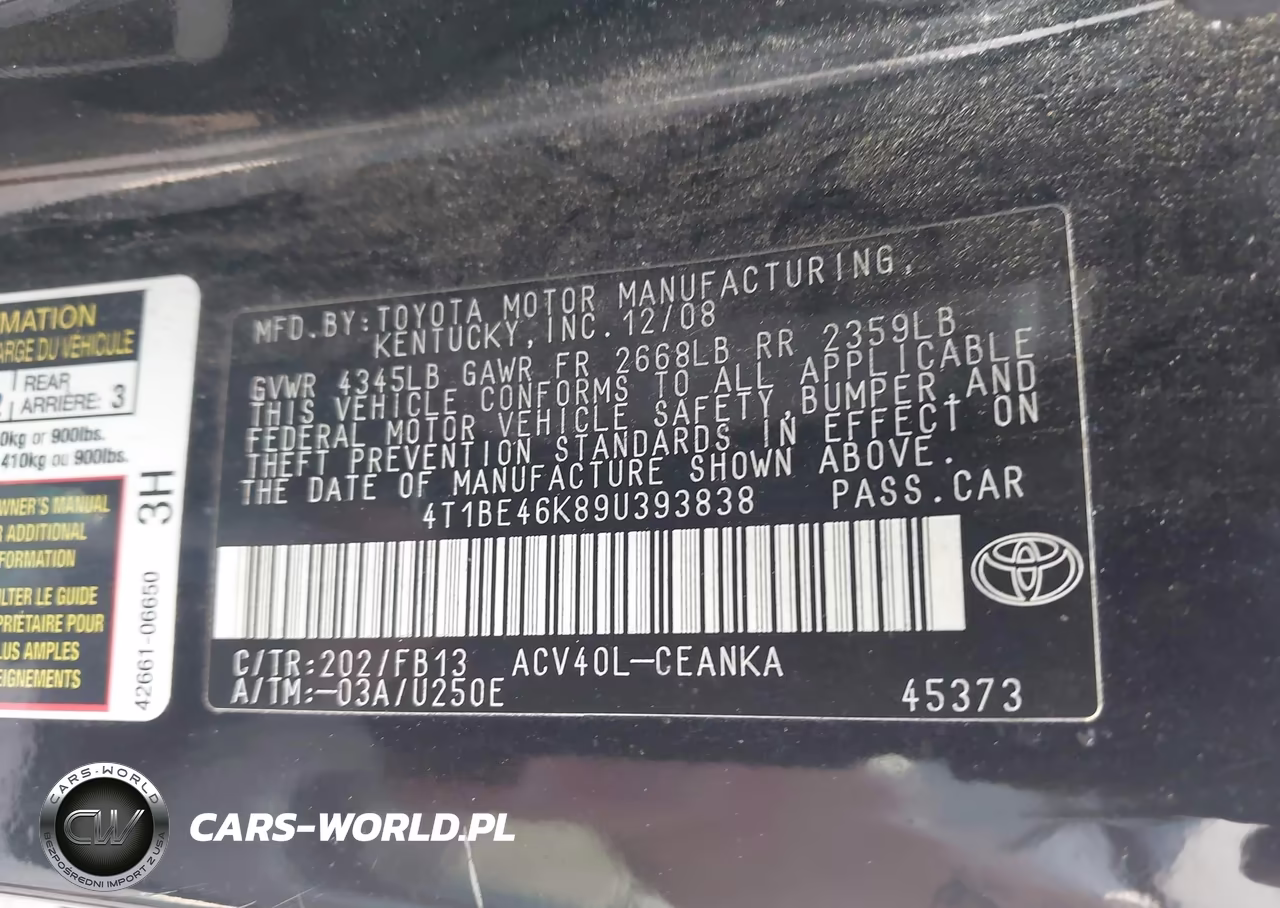 2009 Toyota Camry Le VIN:4T1BE46K89U393838 - 9