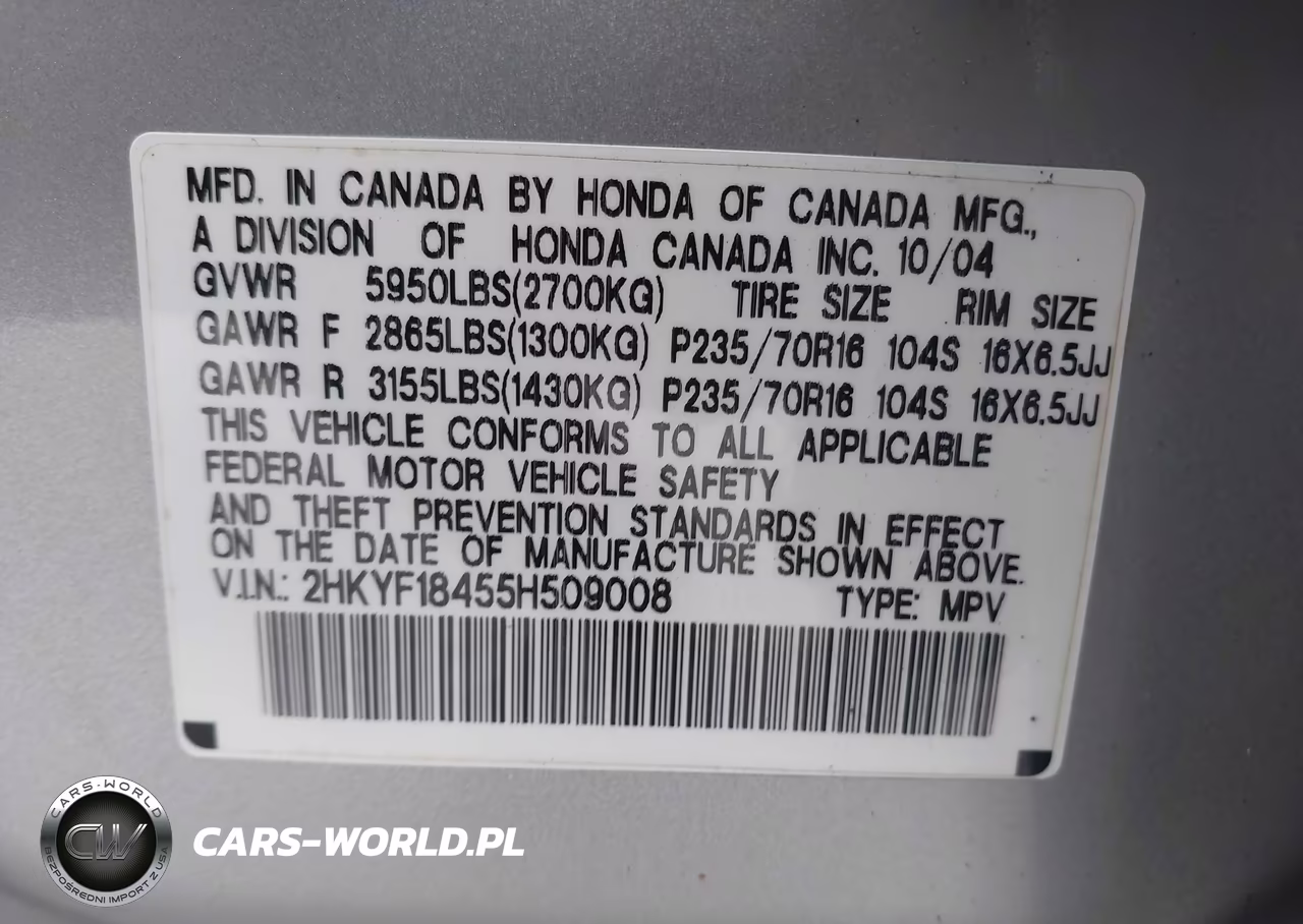 2005 Honda Pilot Ex VIN:2HKYF18455H509008 - 9