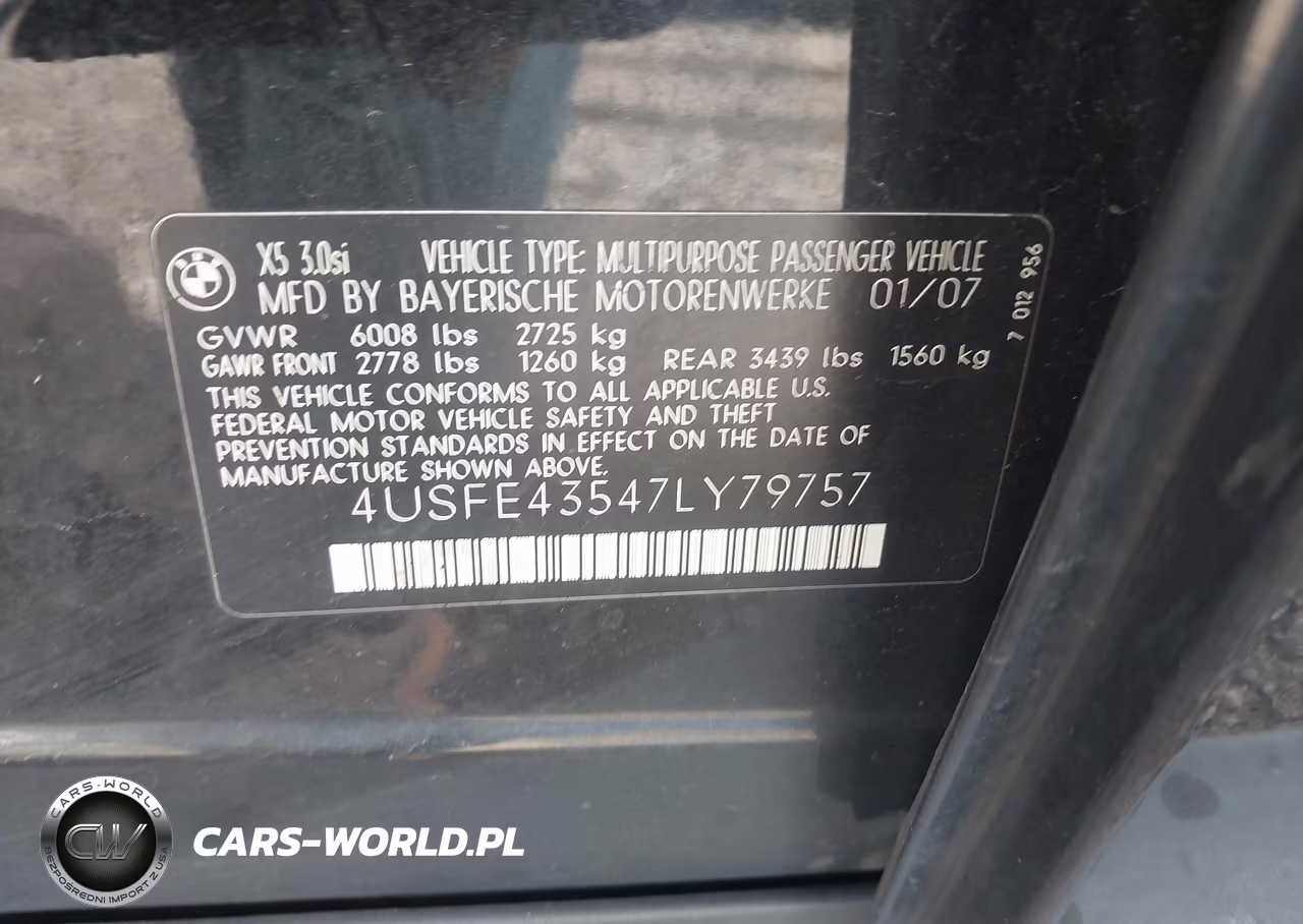 2007 BMW X5 3.0I VIN:4USFE43547LY79757 - 9