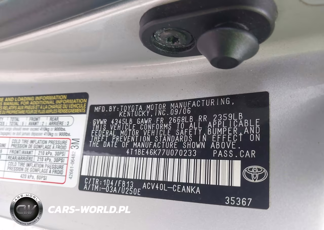 2007 Toyota Camry Le VIN:4T1BE46K77U070233 - 9