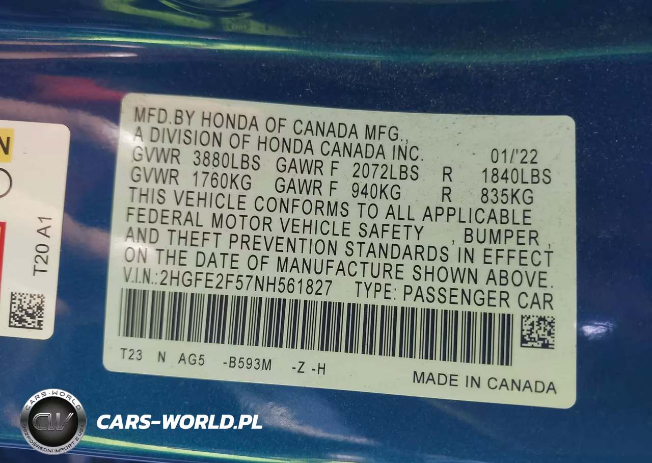 2022 Honda Civic Sport VIN:2HGFE2F57NH561827 - 9