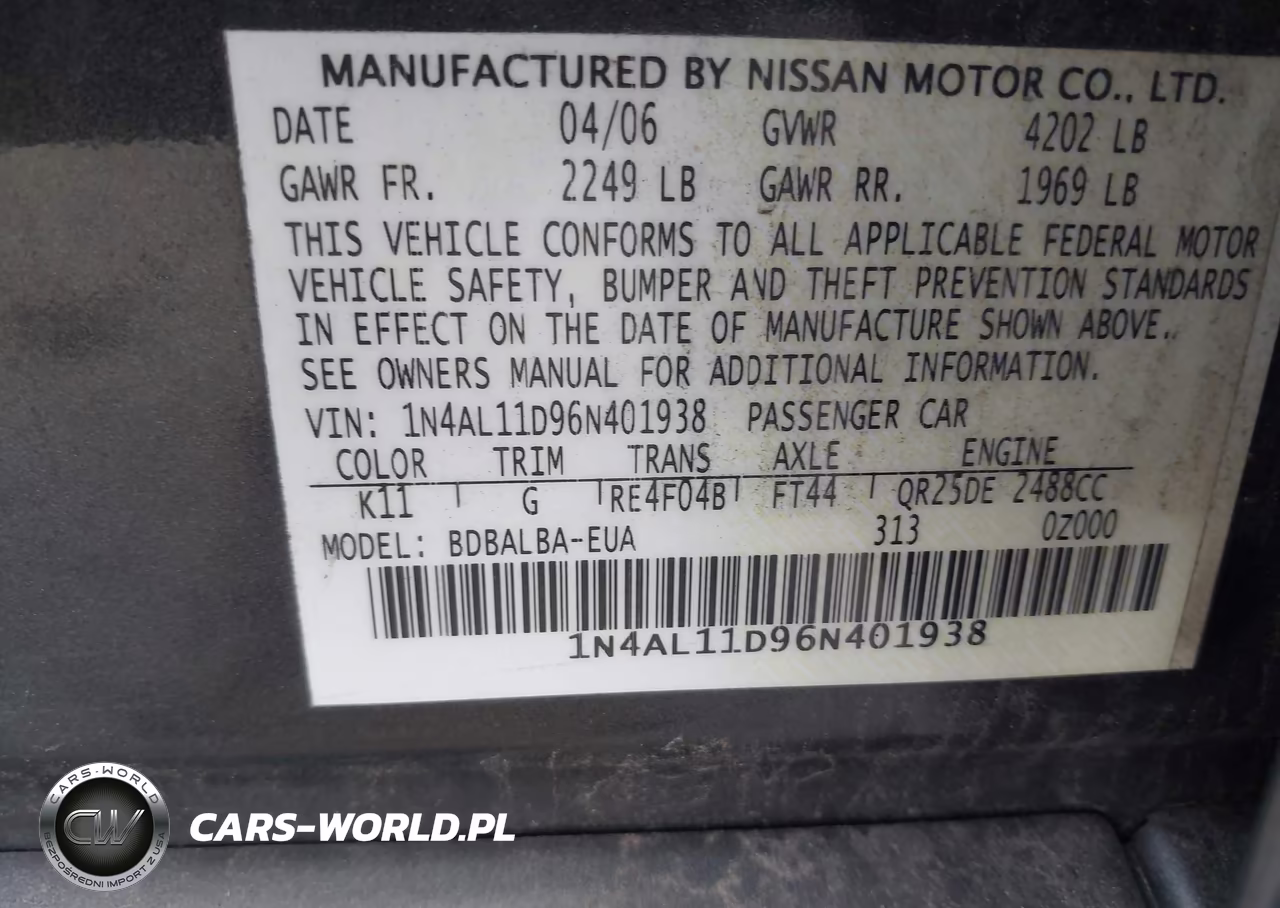 2006 Nissan Altima 2.5 S VIN:1N4AL11D96N401938 - 9
