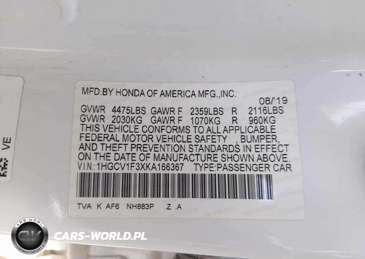 2019 Honda Accord Sport VIN:1HGCV1F3XKA166367 - 9