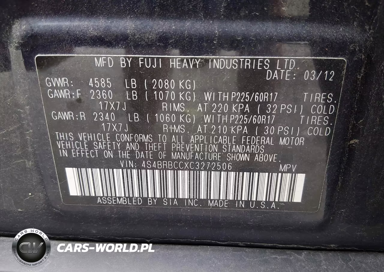 2012 Subaru Outback 2.5I Premium VIN:4S4BRBCCXC3272506 - 9
