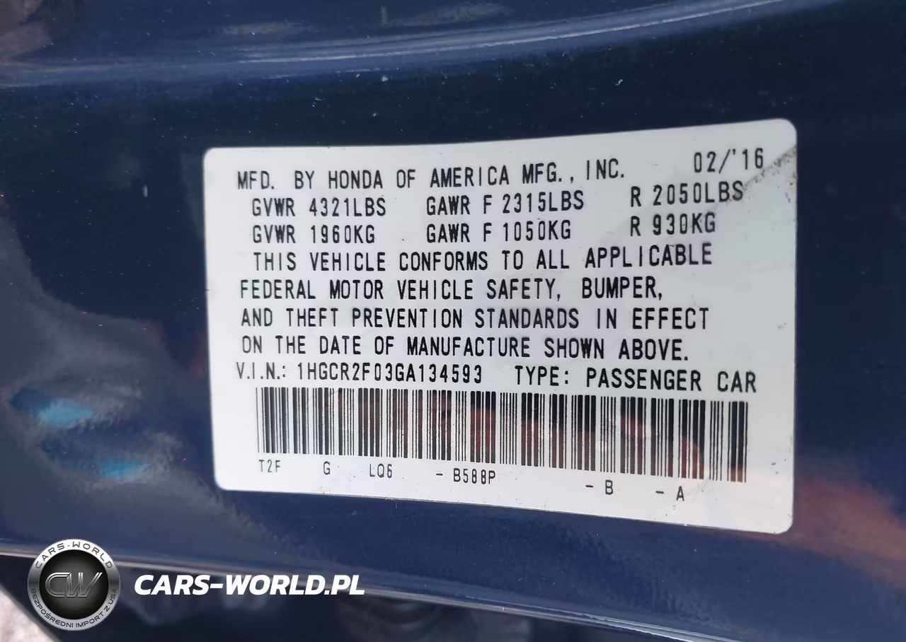2016 Honda Accord Ex VIN:1HGCR2F03GA134593 - 9