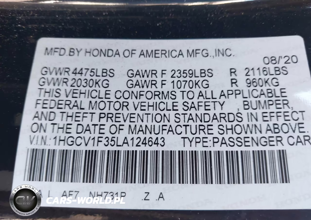 2020 Honda Accord Sport VIN:1HGCV1F35LA124643 - 9
