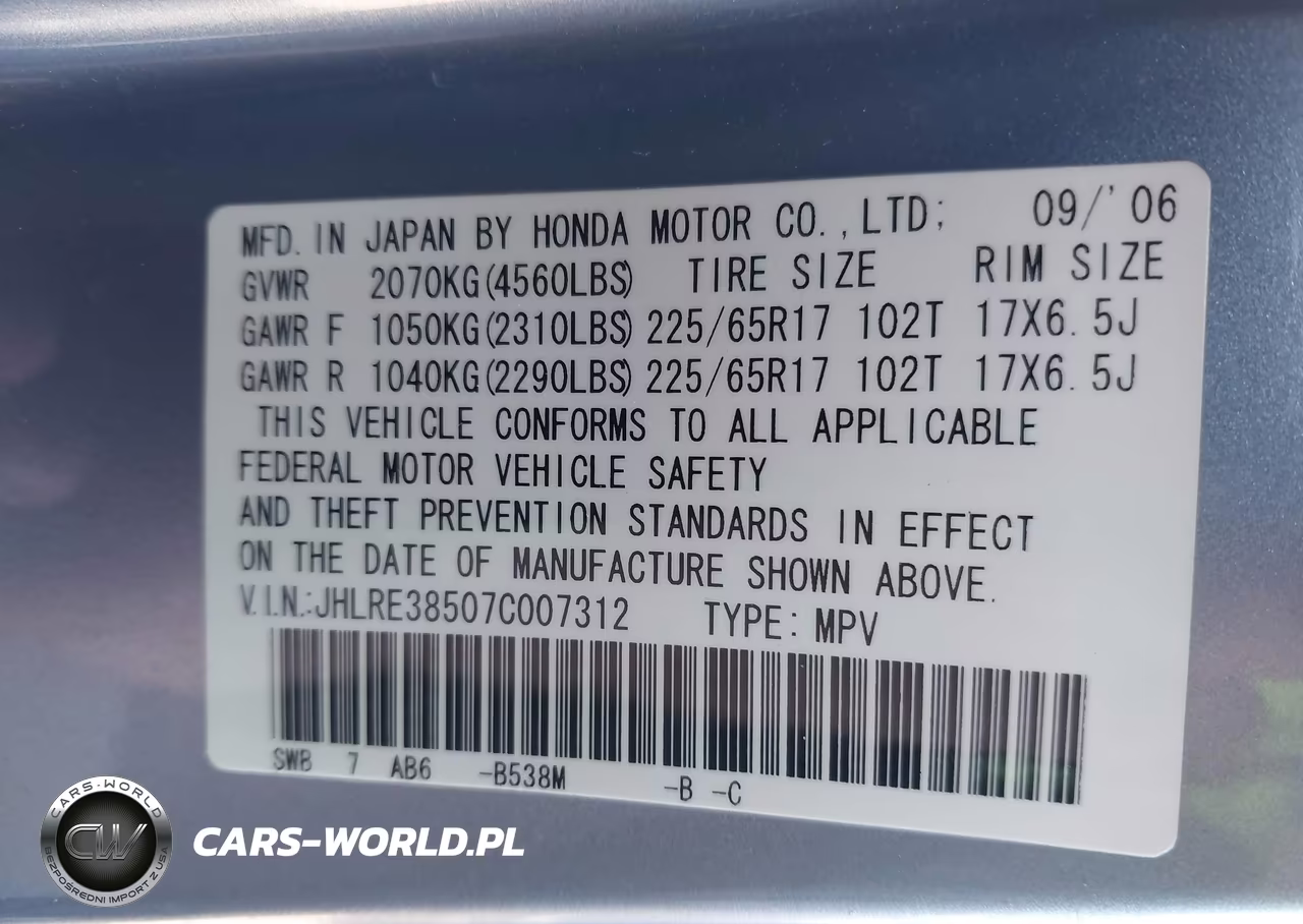 2007 Honda Cr-V Ex VIN:JHLRE38507C007312 - 9