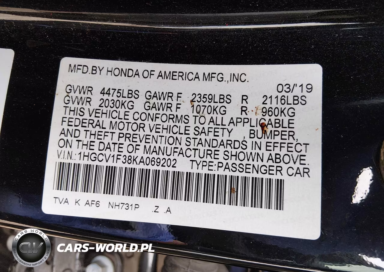 2019 Honda Accord Sport VIN:1HGCV1F38KA069202 - 9