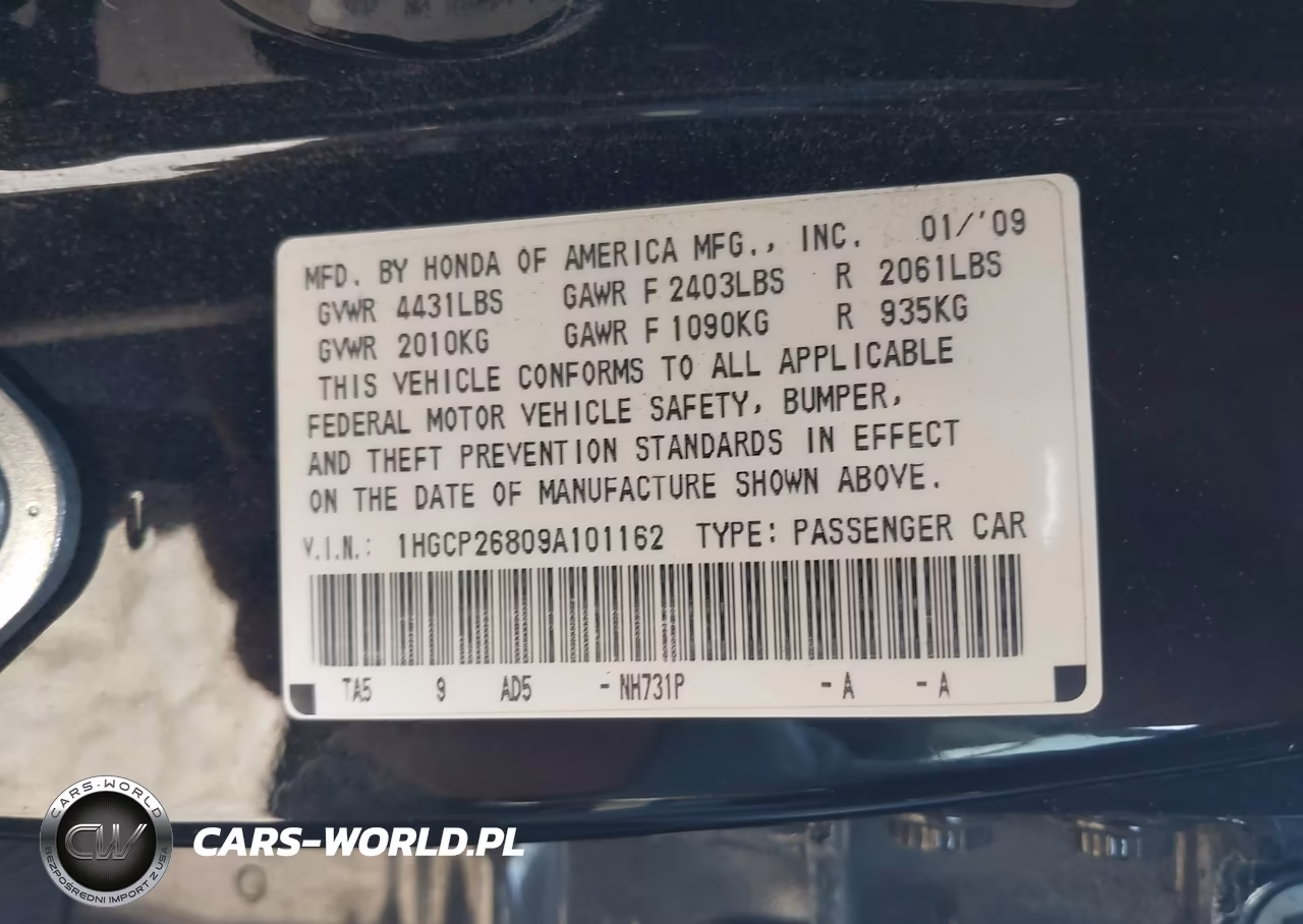 2009 Honda Accord 2.4 Ex-L VIN:1HGCP26809A101162 - 9