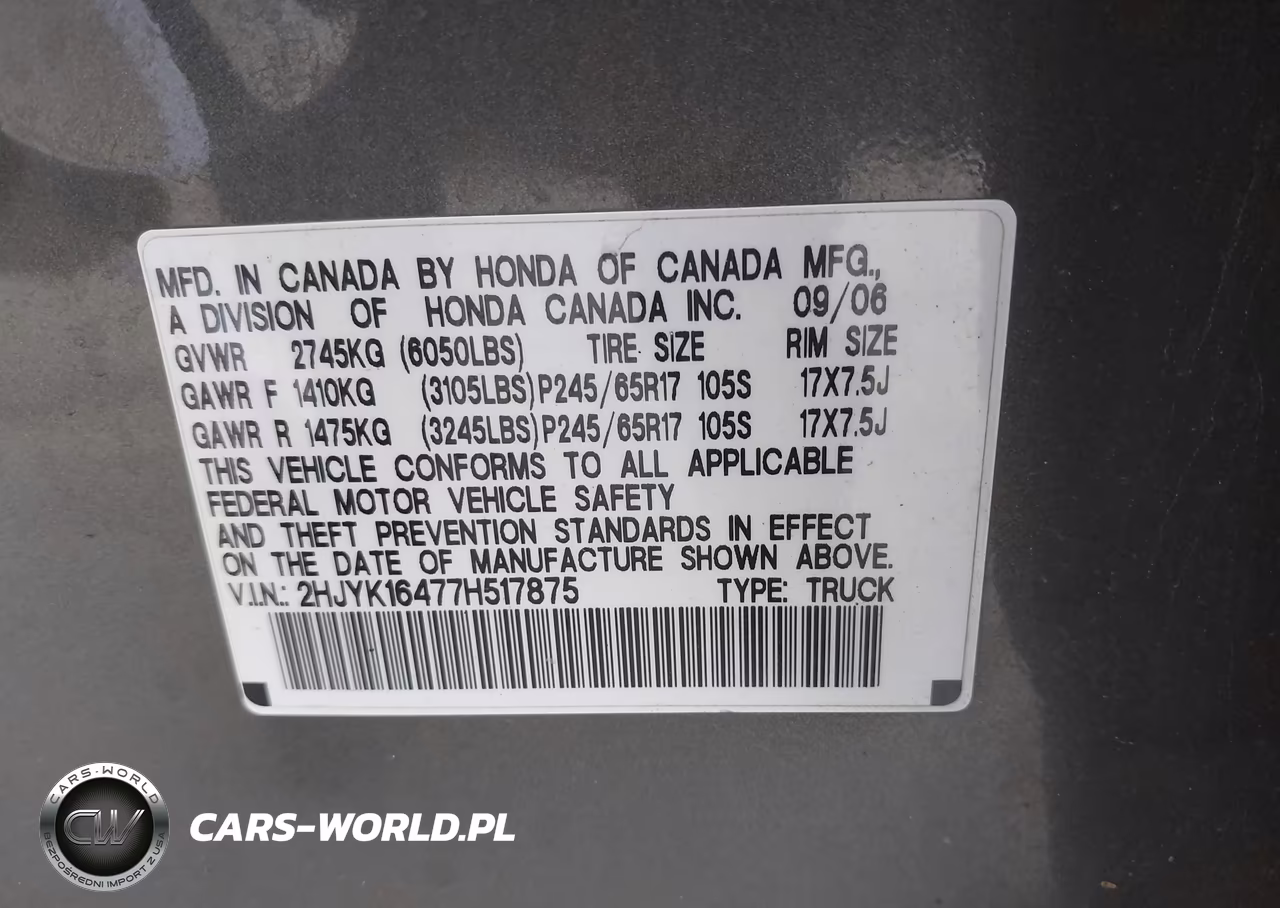 2007 Honda Ridgeline Rts VIN:2HJYK16477H517875 - 9