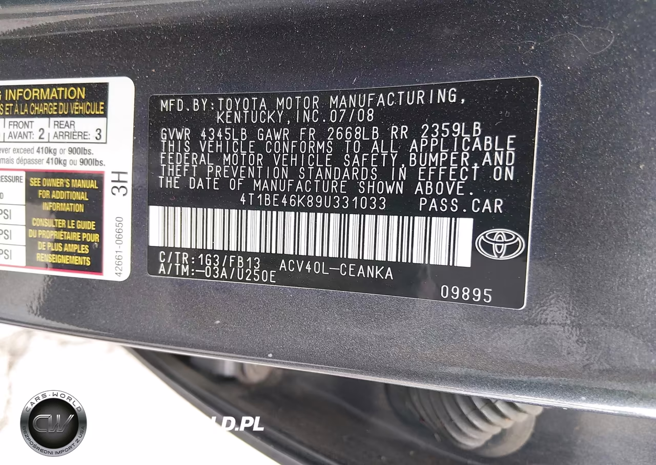 2009 Toyota Camry Le VIN:4T1BE46K89U331033 - 9