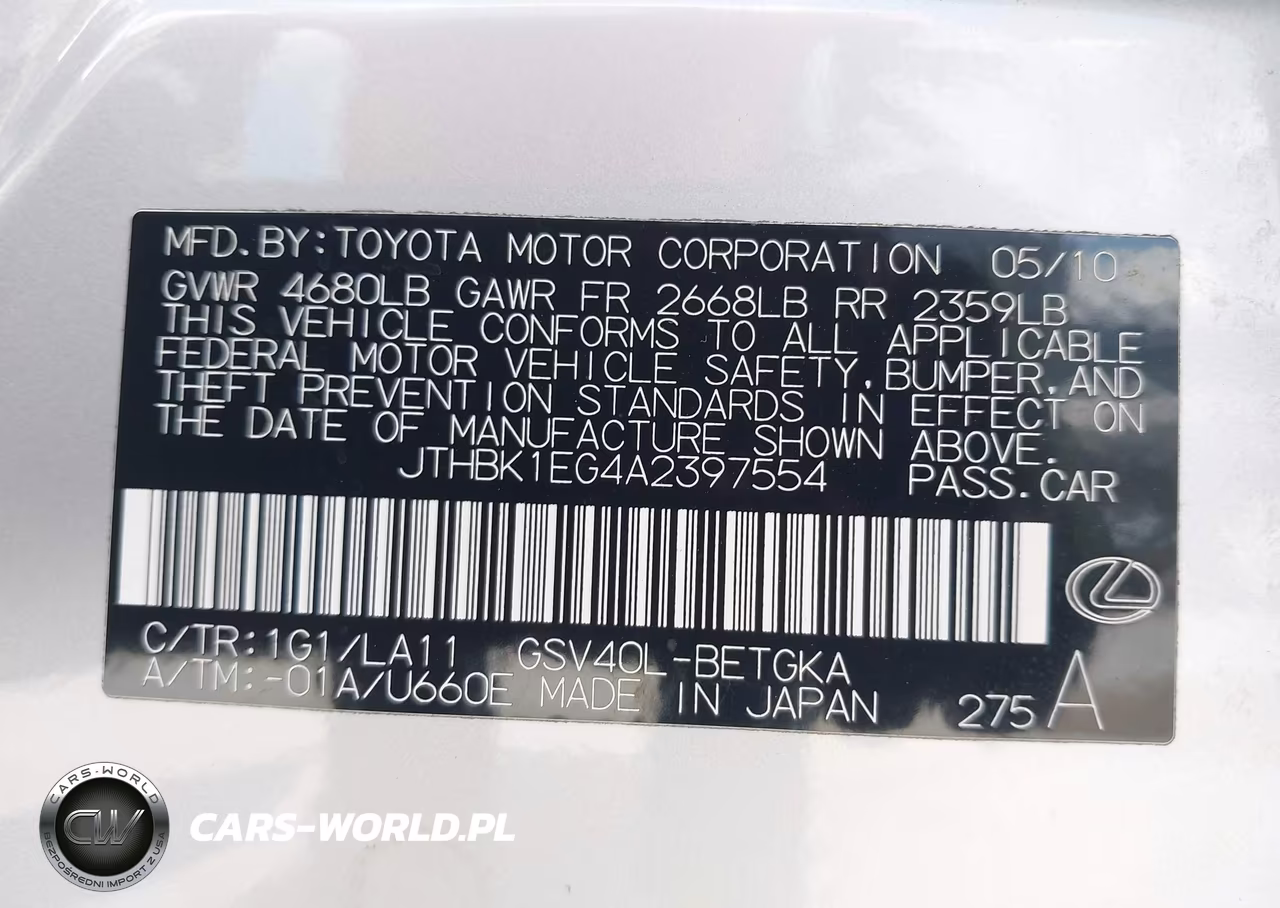 2010 Lexus Es 350 VIN:JTHBK1EG4A2397554 - 9