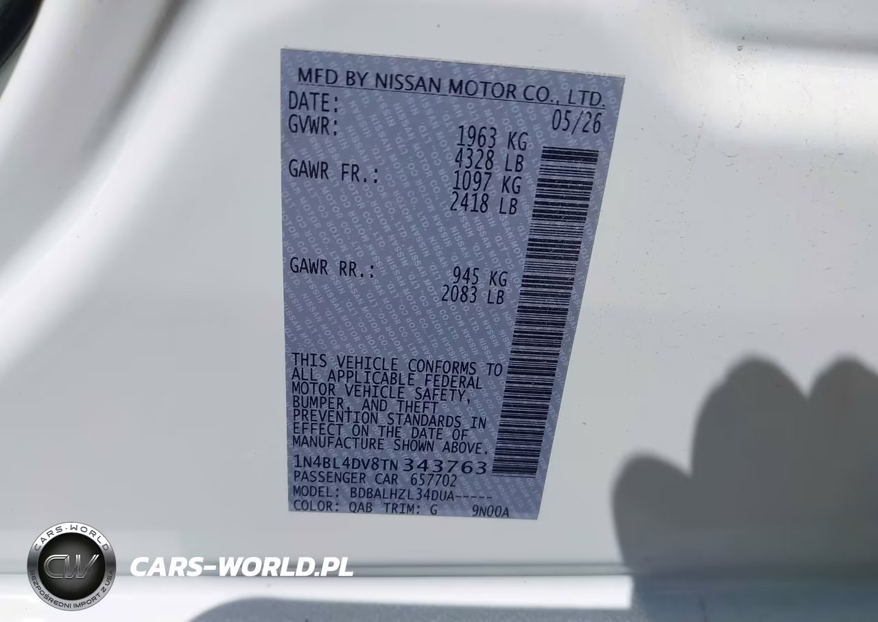 2026 Nissan Altima Sv Fwd VIN:1N4BL4DV8TN343763 - 9