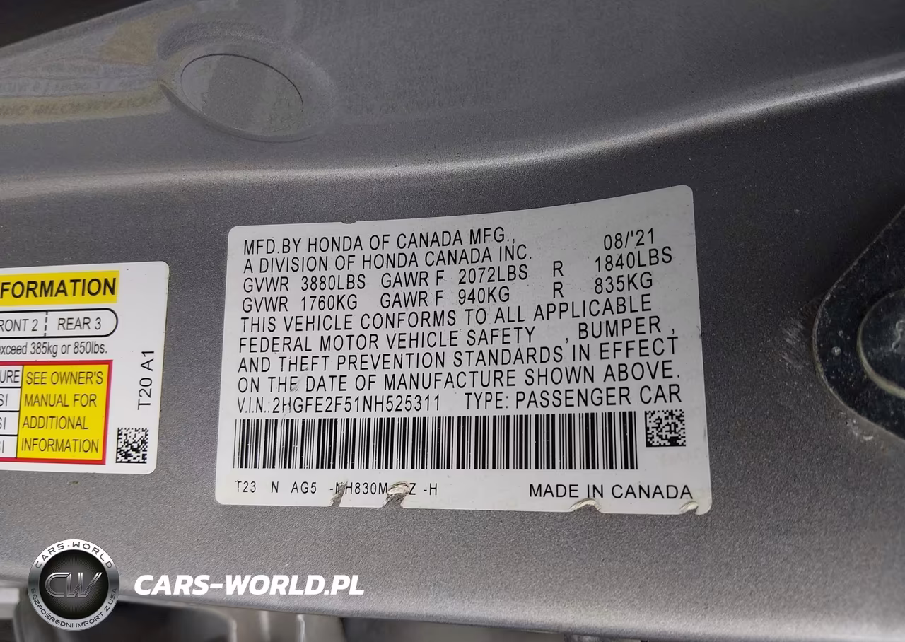 2022 Honda Civic Sport VIN:2HGFE2F51NH525311 - 9