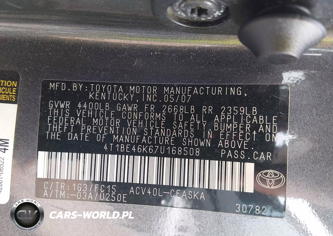 2007 Toyota Camry Se VIN:4T1BE46K67U168508 - 9