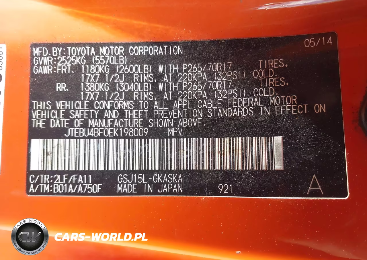 2014 Toyota Fj Cruiser VIN:JTEBU4BF0EK198009 - 9