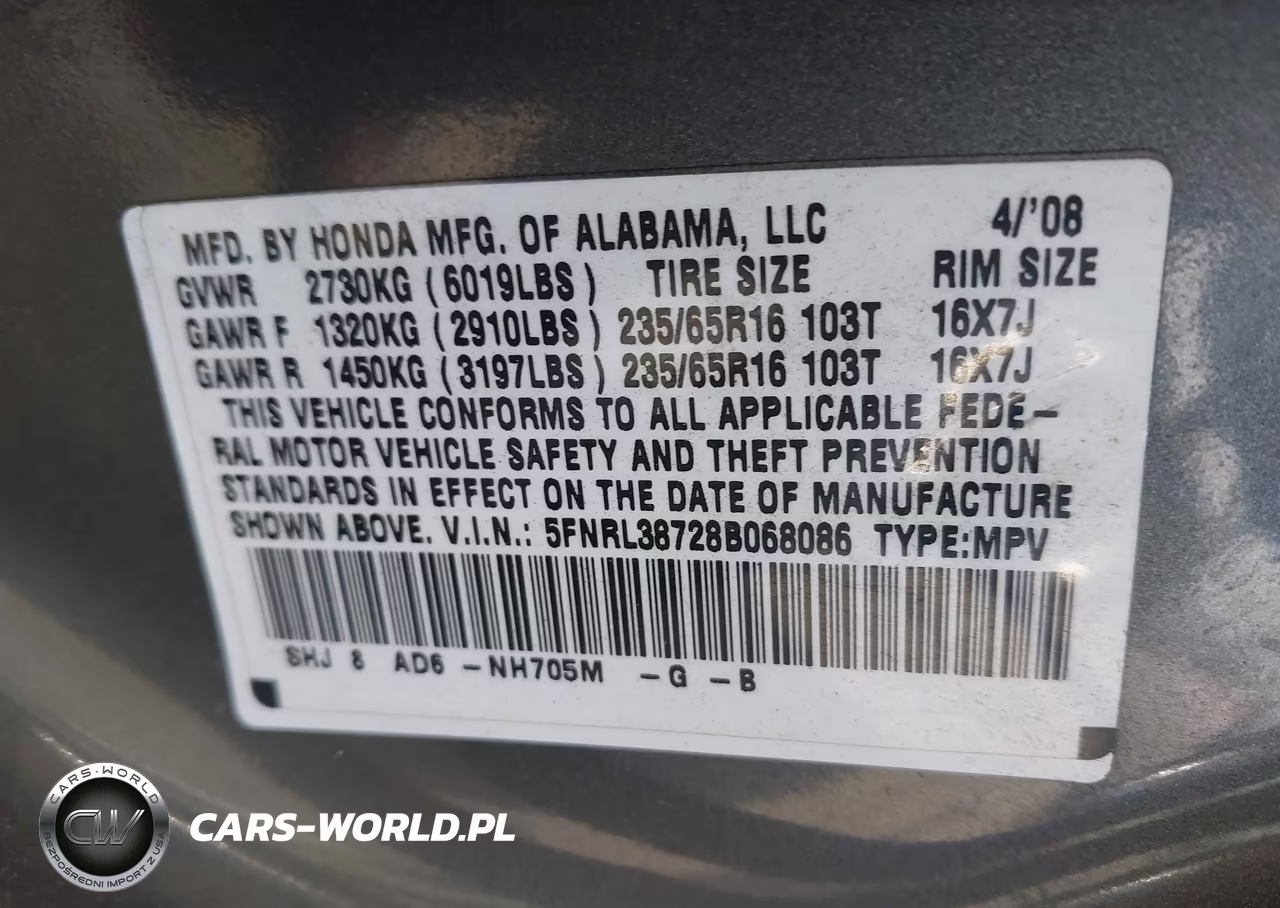 2008 Honda Odyssey Ex-L VIN:5FNRL38728B068086 - 9