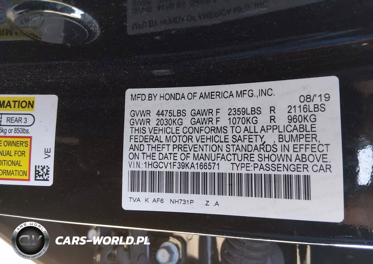 2019 Honda Accord Sport VIN:1HGCV1F39KA166571 - 9