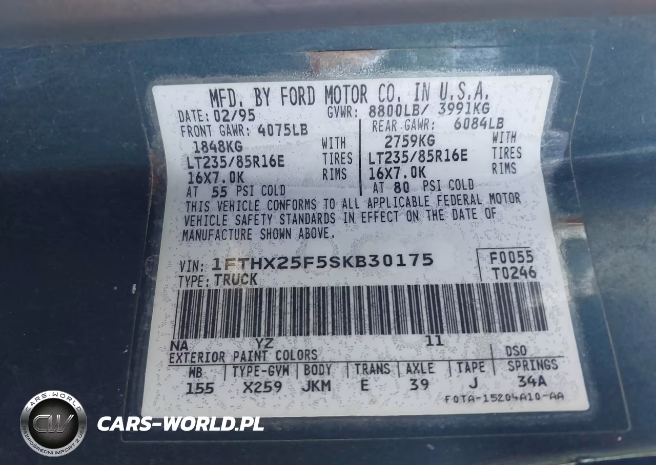 1995 Ford F250 VIN:1FTHX25F5SKB30175 - 9