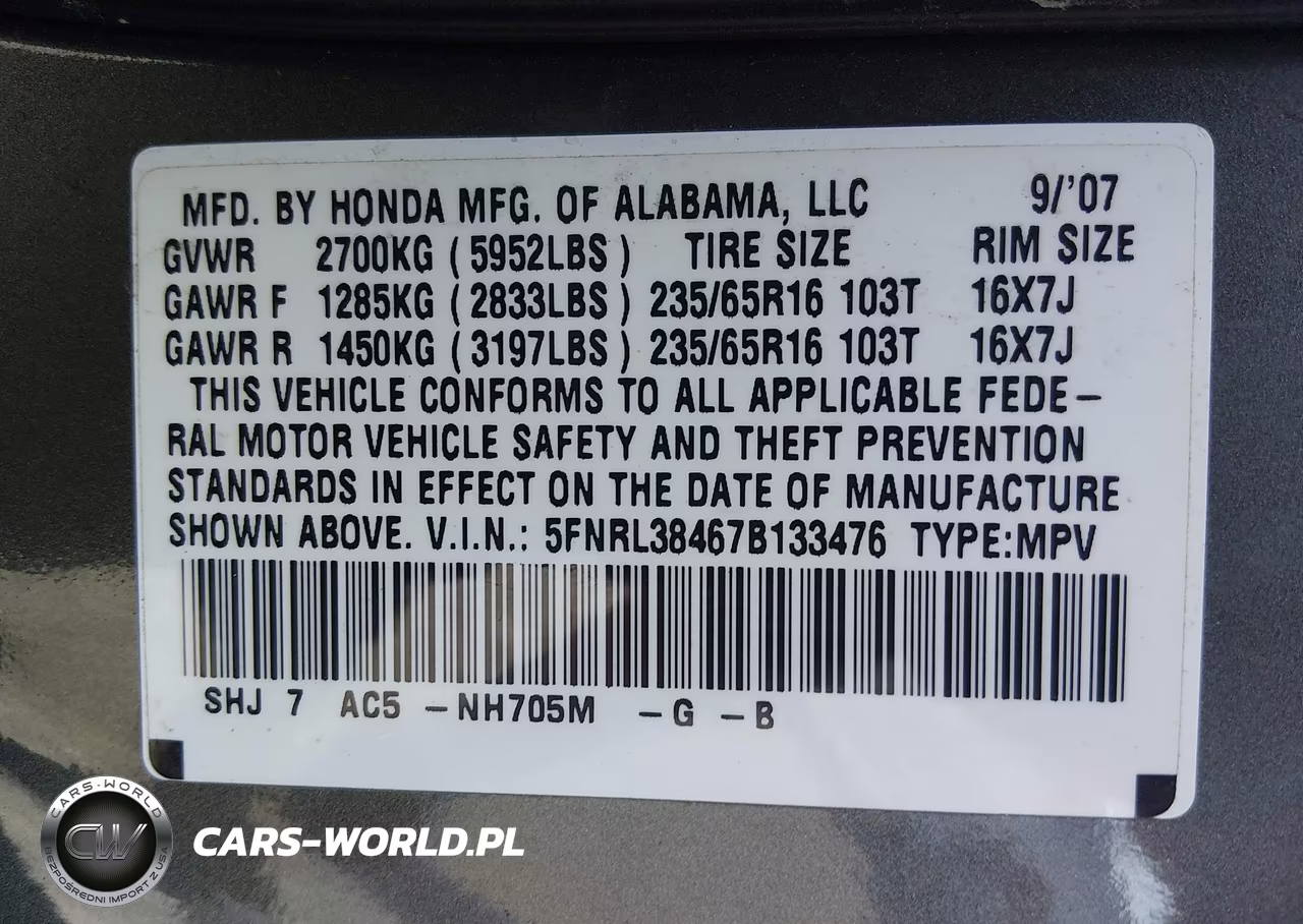 2007 Honda Odyssey Ex VIN:5FNRL38467B133476 - 9