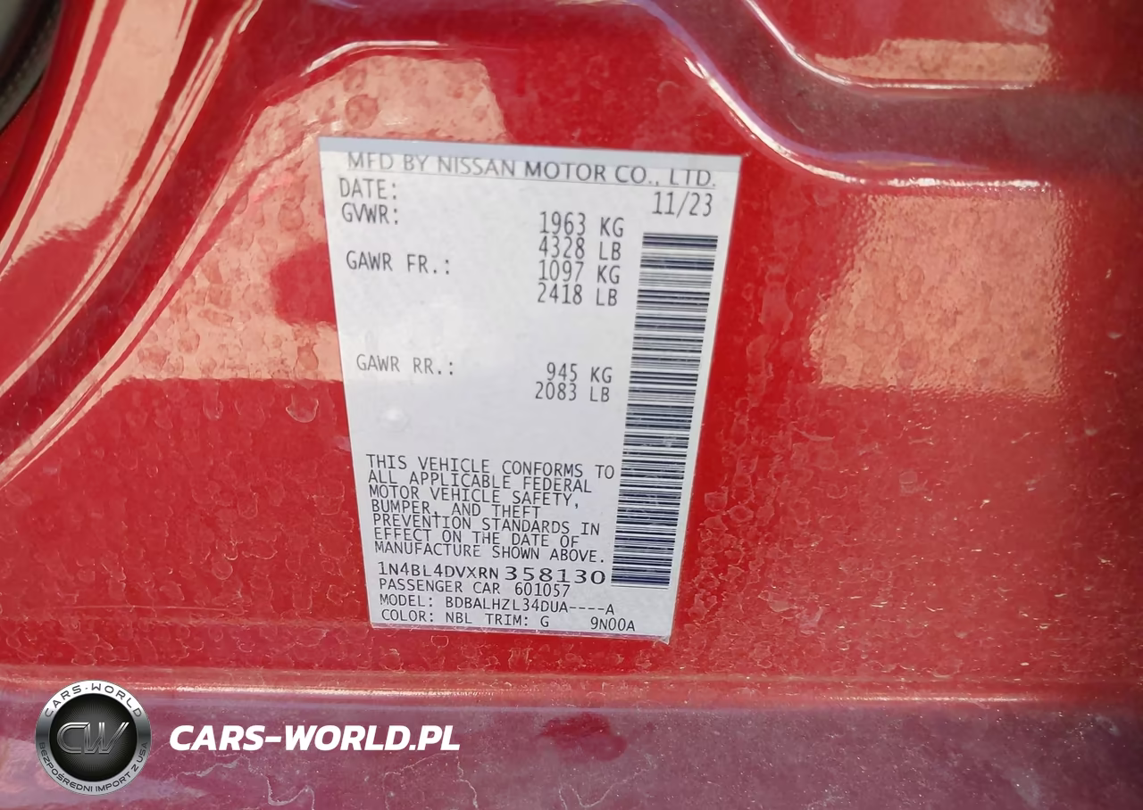 2024 Nissan Altima Sv Fwd VIN:1N4BL4DVXRN358130 - 9
