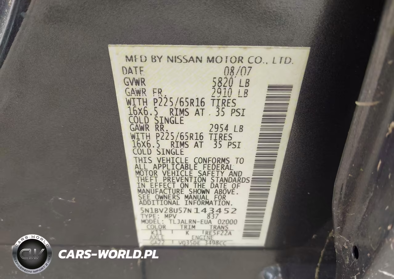 2007 Nissan Quest 3.5 VIN:5N1BV28U57N143452 - 9