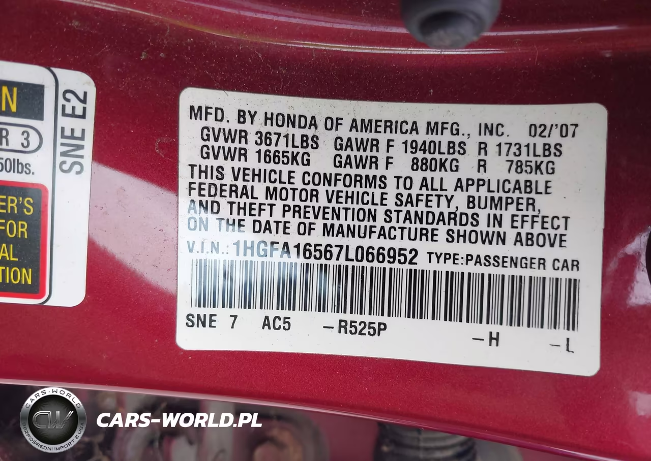 2007 Honda Civic Lx VIN:1HGFA16567L066952 - 9