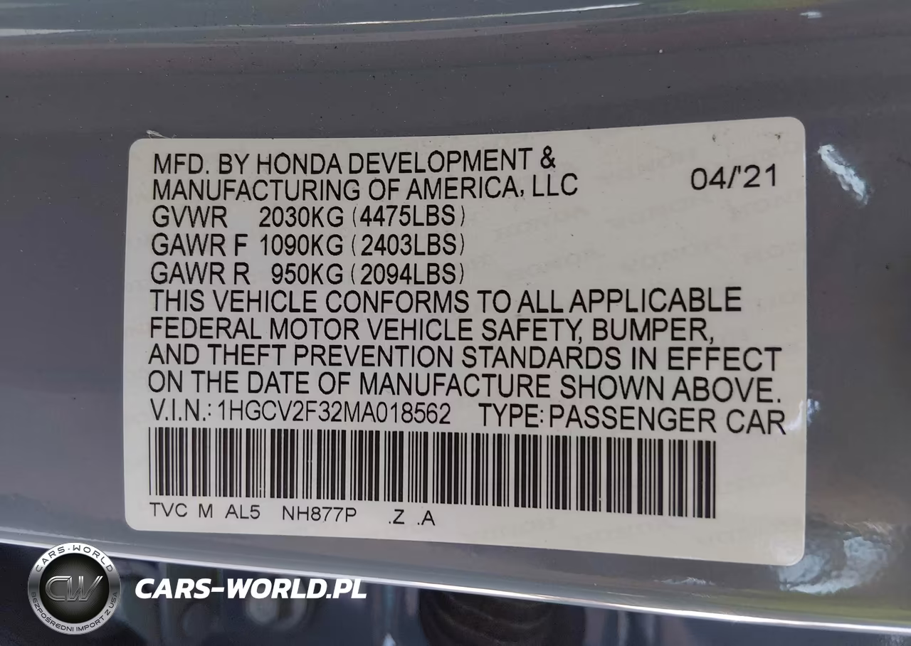 2021 Honda Accord Sport VIN:1HGCV2F32MA018562 - 9