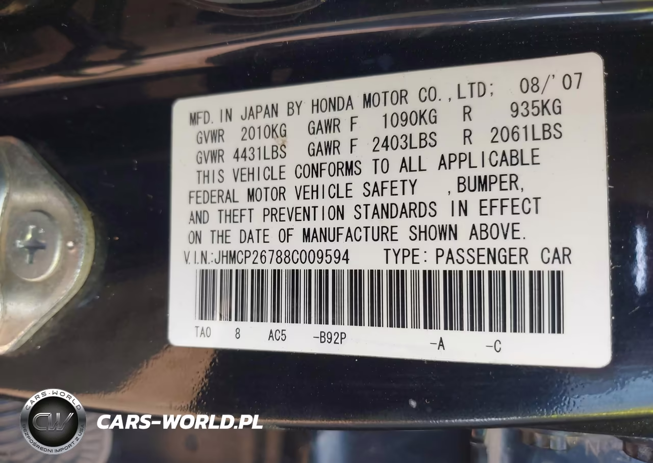 2008 Honda Accord 2.4 Ex VIN:JHMCP26788C009594 - 9