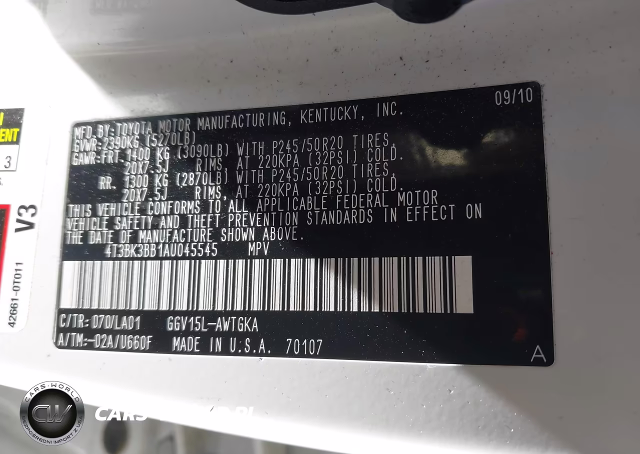 2010 Toyota Venza Base V6 VIN:4T3BK3BB1AU045545 - 9